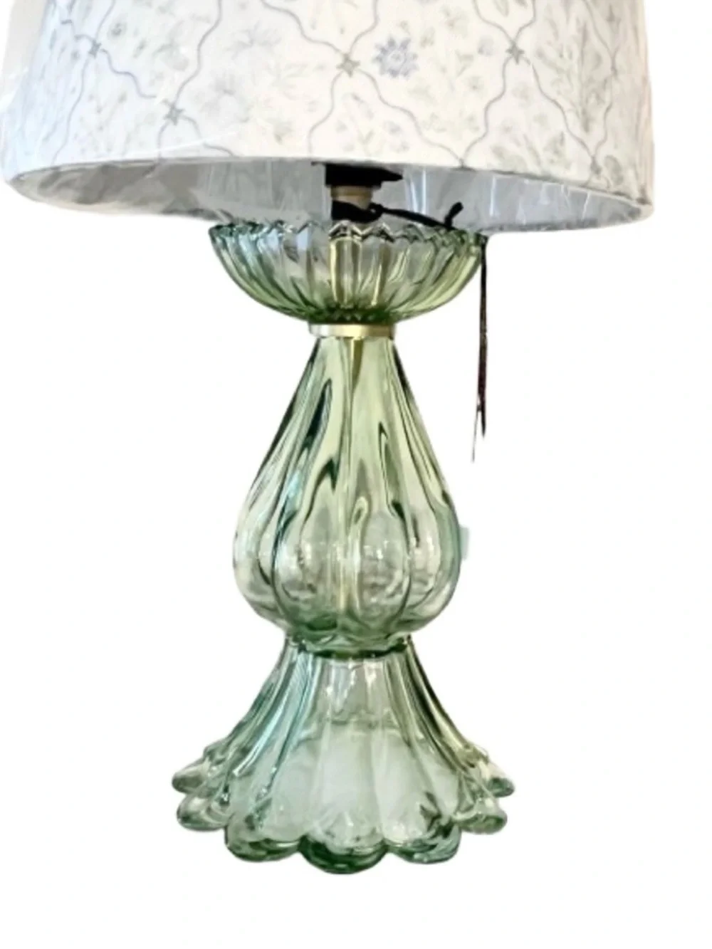 🆕-Soft Green Fluted Glass Table Lamp with Patterned White Shade